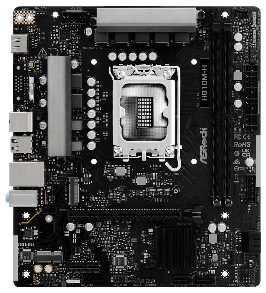Eine Computermotherboard mit mehreren Steckplätzen, Anschlüssen und Komponenten für CPU und andere Verbindungen, in einem schwarzen Farbschema dargestellt.