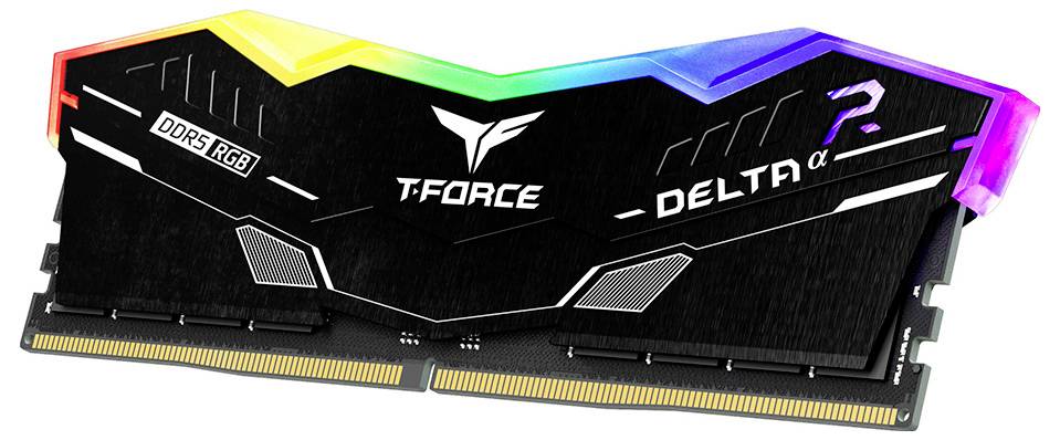 Das Bild zeigt ein T-Force Delta RGB DDR5 RAM-Modul mit bunter LED-Beleuchtung entlang der oberen Kante.