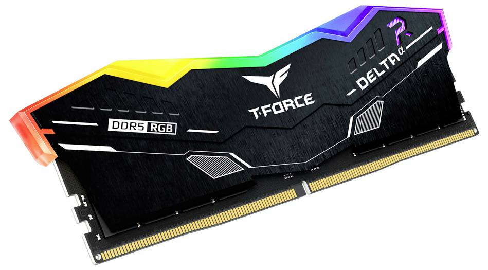 RGB DDR5 RAM-Modul mit einem farbenfrohen LED-Streifen auf der Oberseite, gekennzeichnet mit 'T-Force Delta' und 'DDR5 RGB', konzipiert für High-Performance-Computing.