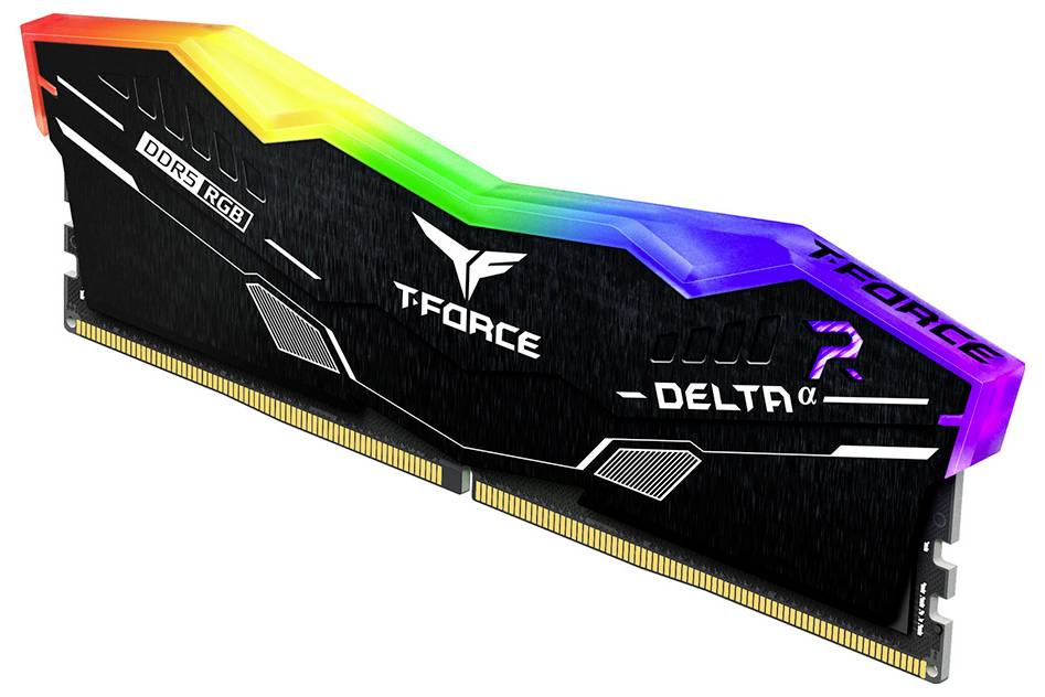 Schwarzes T-FORCE DELTA RGB DDR5 RAM-Modul mit mehrfarbiger LED-Beleuchtung an der oberen Kante.