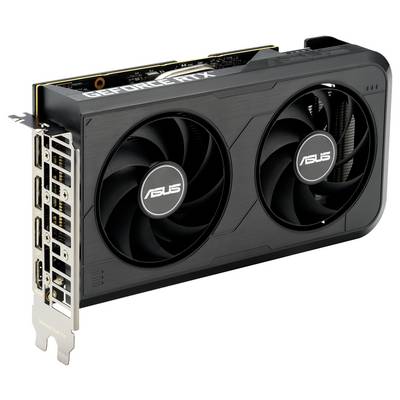 Eine Grafikkarte mit zwei Kühlventilatoren, mit der Aufschrift "ASUS GeForce RTX", mit mehreren Anschlüssen an der Seite.