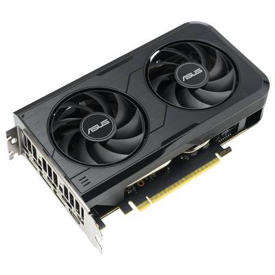 Eine schwarze ASUS-Grafikkarte mit zwei großen Lüftern, Winkelansicht mit Seiten- und Anschlussdetails.
