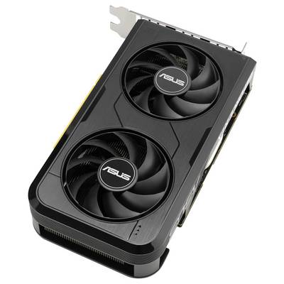 Eine schwarze ASUS-Grafikkarte mit zwei großen Kühlventilatoren, entwickelt zur Verbesserung der Computergrafik-Leistung.