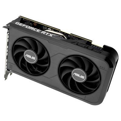 Eine schwarze ASUS GEFORCE RTX Grafikkarte mit zwei großen Lüftern und sichtbarer Platine, entwickelt für High-Performance-Computing.