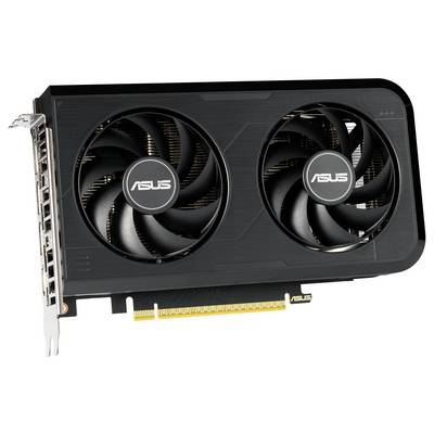 ASUS-Grafikkarte mit zwei Kühlventilatoren, schwarzes Design, geeignet für Hochleistungsrechner und Gaming-Setups.