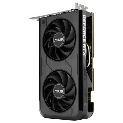 Eine schwarze ASUS GeForce RTX Grafikkarte mit Doppellüftern und einem Metallhalterung, entwickelt für High-Performance-Gaming und Rendering.