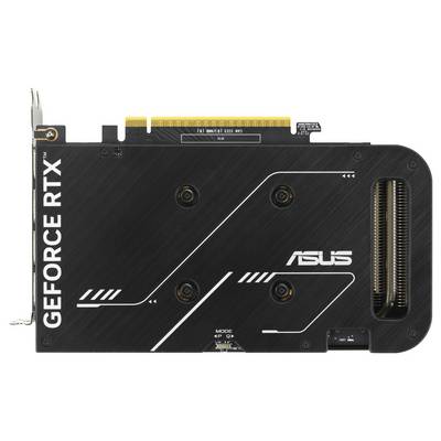 Eine Grafikkarte mit 'ASUS' und 'GEFORCE RTX' Branding, mit einem schwarzen Design und sichtbarem goldenem PCIe-Anschluss oben.