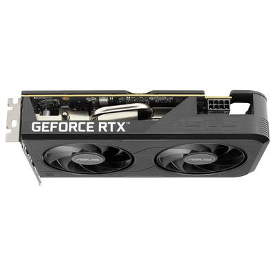 Eine schwarze ASUS GeForce RTX Grafikkarte mit Doppellüftern wird gezeigt, wobei ihr Kühlsystem und Branding hervorgehoben werden.