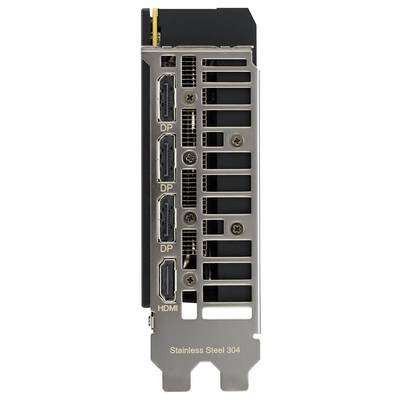 Ein Grafikkarten-Rückpanel mit drei DisplayPort- und einem HDMI-Anschluss, beschriftet auf einem Edelstahlhalter mit der Markierung 'Edelstahl 304'.