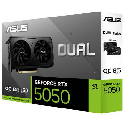 ASUS GeForce RTX 5050 Grafikkarte, ausgestattet mit 8 GB Arbeitsspeicher, Raytracing-Technologie, Dual-Lüfter-Design und voreingestelltem Übertaktungsmodus. Dual Series Markenbranding sichtbar.