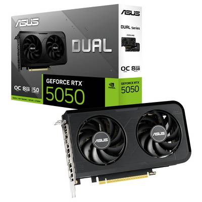 ASUS GeForce RTX 5050 Grafikkarte mit Doppellüftern, gezeigt mit Produktverpackung, die '8GB GDDR5' und Overclocking-Funktionen hervorhebt.