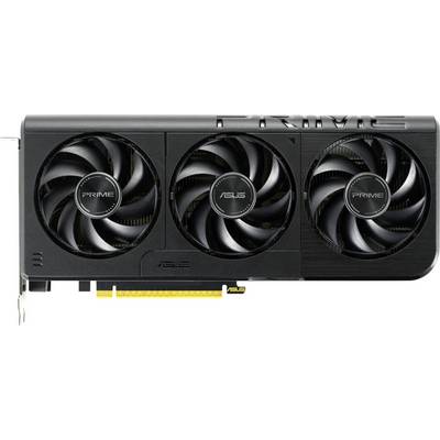 Eine schwarze ASUS PRIME Grafikkarte mit drei Kühlventilatoren und einem PCIe-Anschluss, entwickelt für verbesserte Gaming- und Grafikleistung.