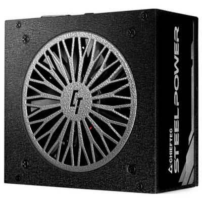 Eine schwarze Chieftec SteelPower Netzteileinheit mit einem Lüfter und dem 'CT' Logo, die ihr metallisches Design und Lüftungsmuster präsentiert.