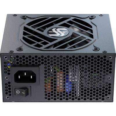 Ein schwarzes Computer-Netzteil mit einem Lüfter auf der Oberseite und einem seitlichen Netzschalter. Verschiedene Anschlüsse sind durch die Lüftungsgitter sichtbar.