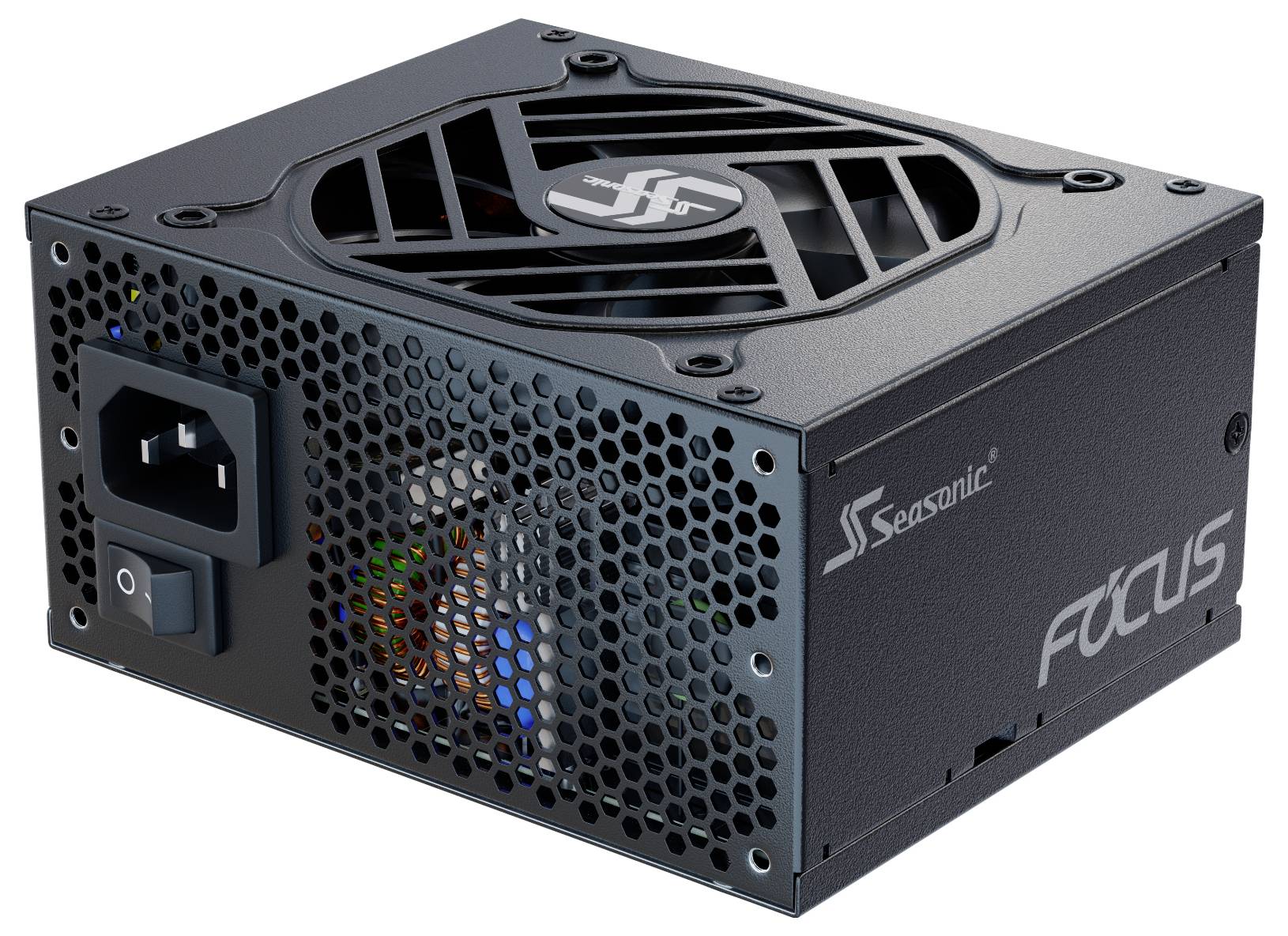 Seasonic Focus Netzteil mit sichtbarem Lüfter und Netzschalter, entwickelt für Desktop-Computer, mit schwarzem Metallgehäuse.