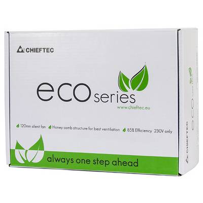 "CHIEFTEC eco Serie" Verpackungskarton, hebt 120mm Silent-Lüfter hervor, Wabennetzstruktur für Belüftung, 85% Effizienz, 230V.