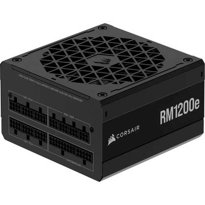 Netzteil 'Corsair RM1200e' mit Lüftungsgitter und mehreren Anschlussports, entwickelt für Hochleistungs-Computersysteme.