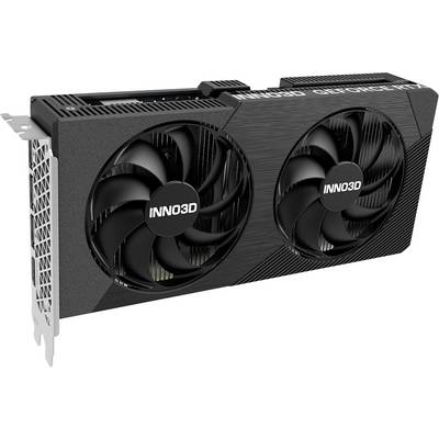 Eine schwarze Inno3D GeForce Grafikkarte mit zwei Kühlventilatoren und einem Metallgitter, entwickelt zur Verbesserung der Computergrafik-Leistung.