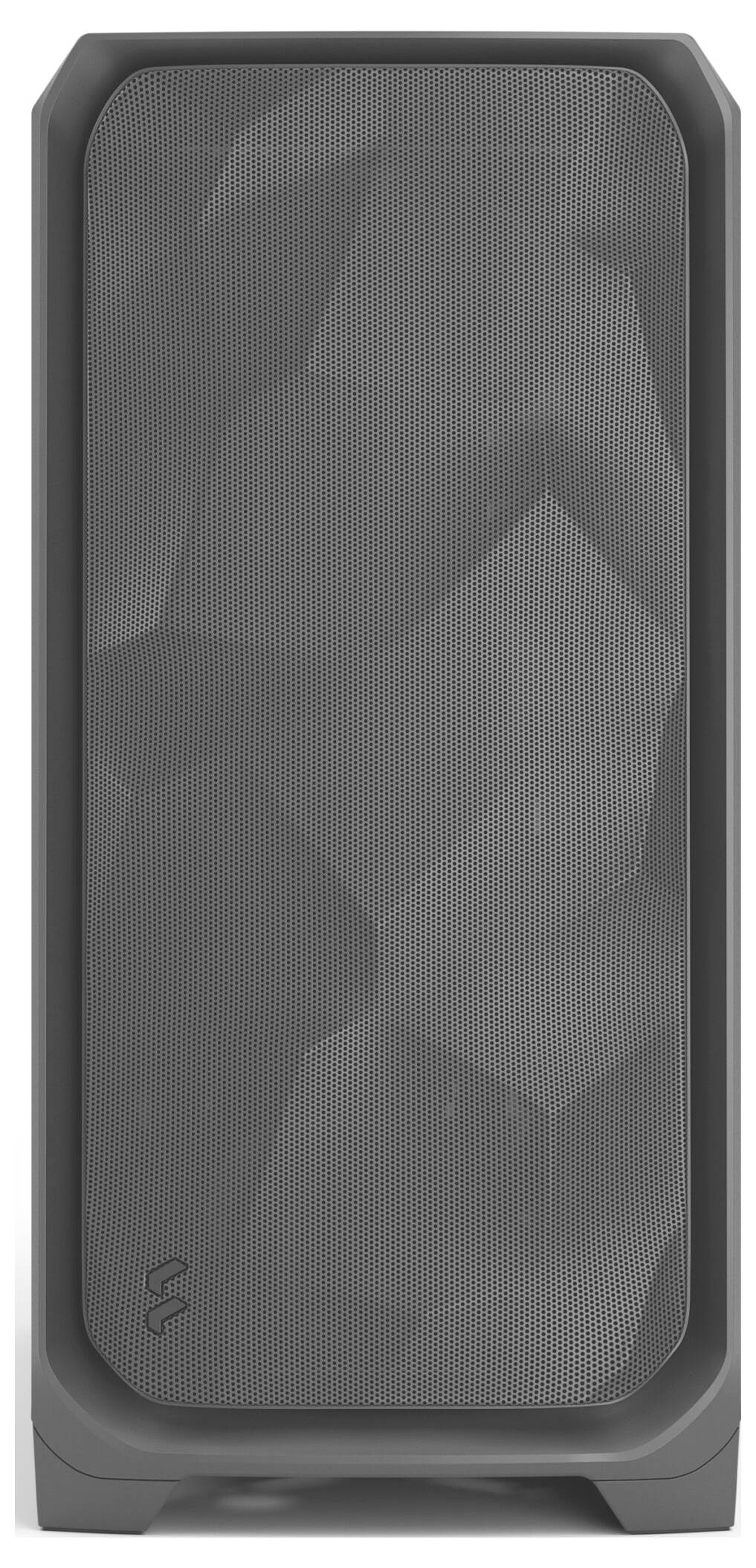 Ein schwarzes Computergehäuse mit einer Frontblende aus Gitter mit geometrischem Muster, entwickelt für optimale Luftzirkulation und zur Unterbringung von Computerkomponenten.