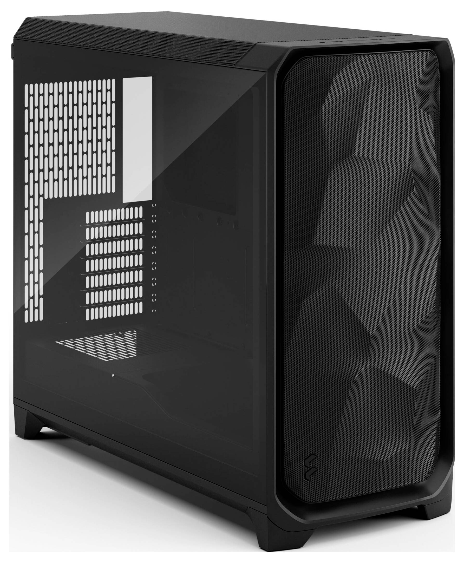 Ein schwarzer Computer-Tower mit einem transparenten Seitenpanel und einem strukturierten Frontpanel, geeignet für den Aufbau eines individuellen PCs.