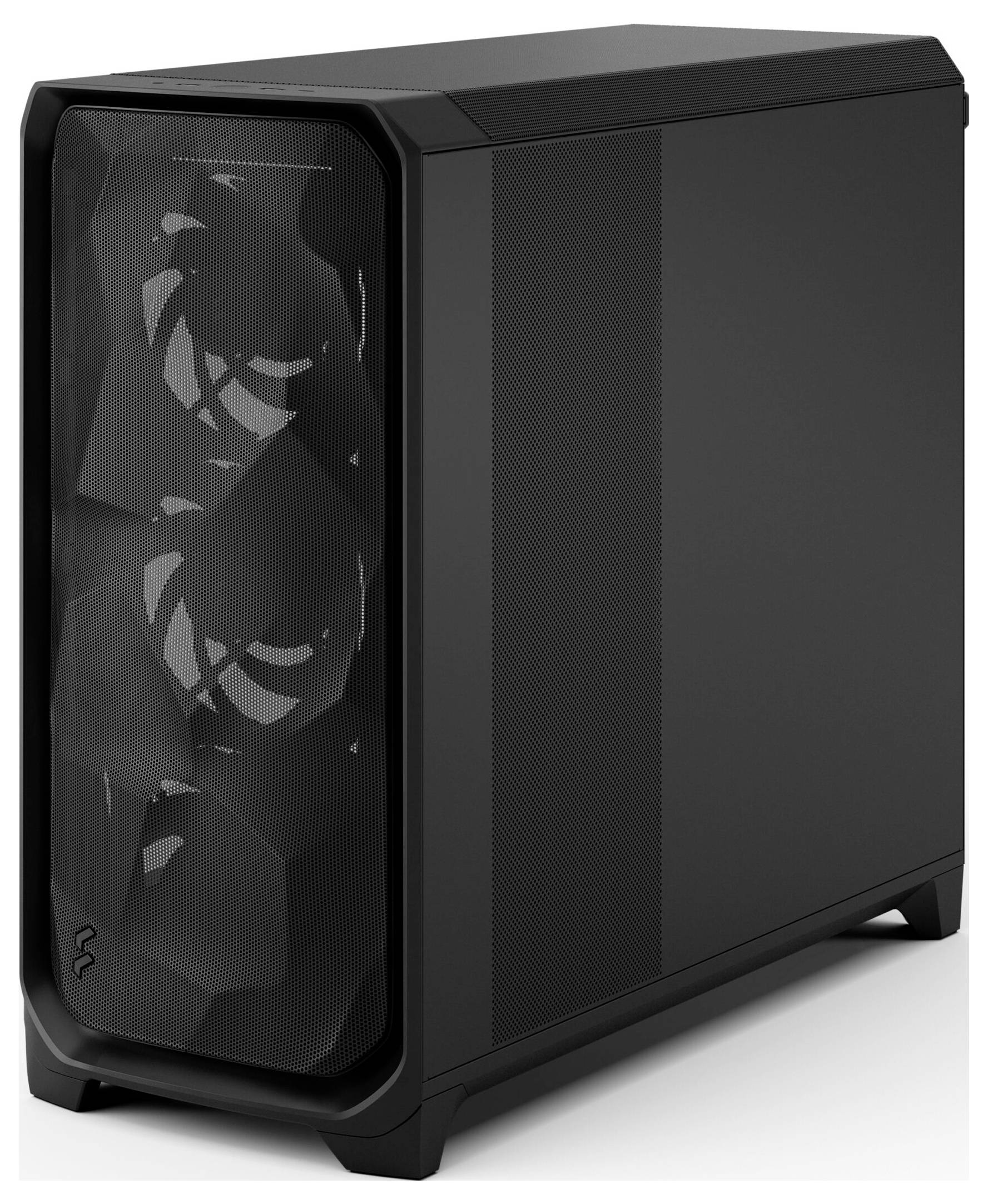 Ein schlanker schwarzer Computertower mit Frontpanel aus Gittergewebe für optimale Luftzirkulation, bei dem die internen Lüfter sichtbar sind.