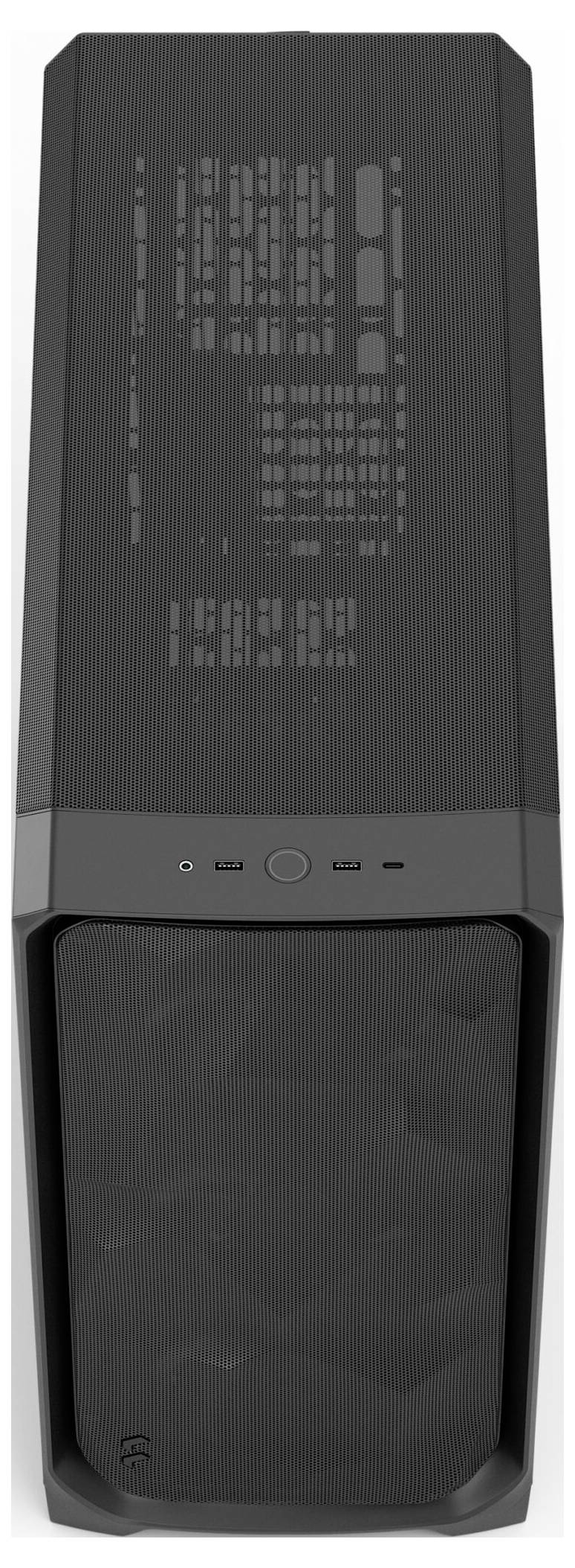 Ein schwarzer Computertower mit einer Frontblende aus Mesh-Gewebe, Einschalttaste und USB-Anschlüssen auf der Oberseite, entwickelt für den Zusammenbau eines Desktop-Computers.