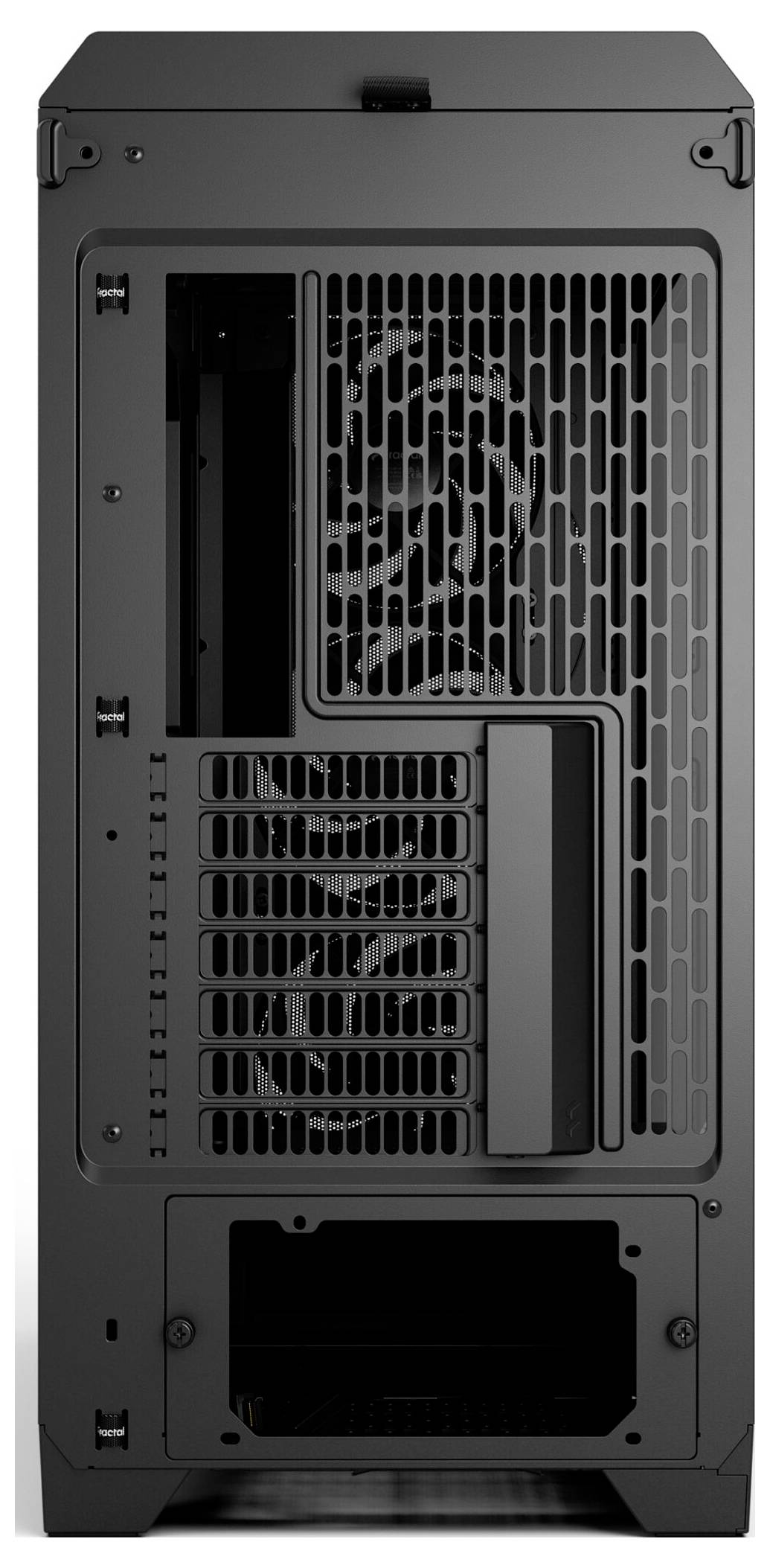 Das Bild zeigt die Rückansicht eines schwarzen Computergehäuses mit Lüftungsschlitzen und mehreren Erweiterungssteckplätzen.