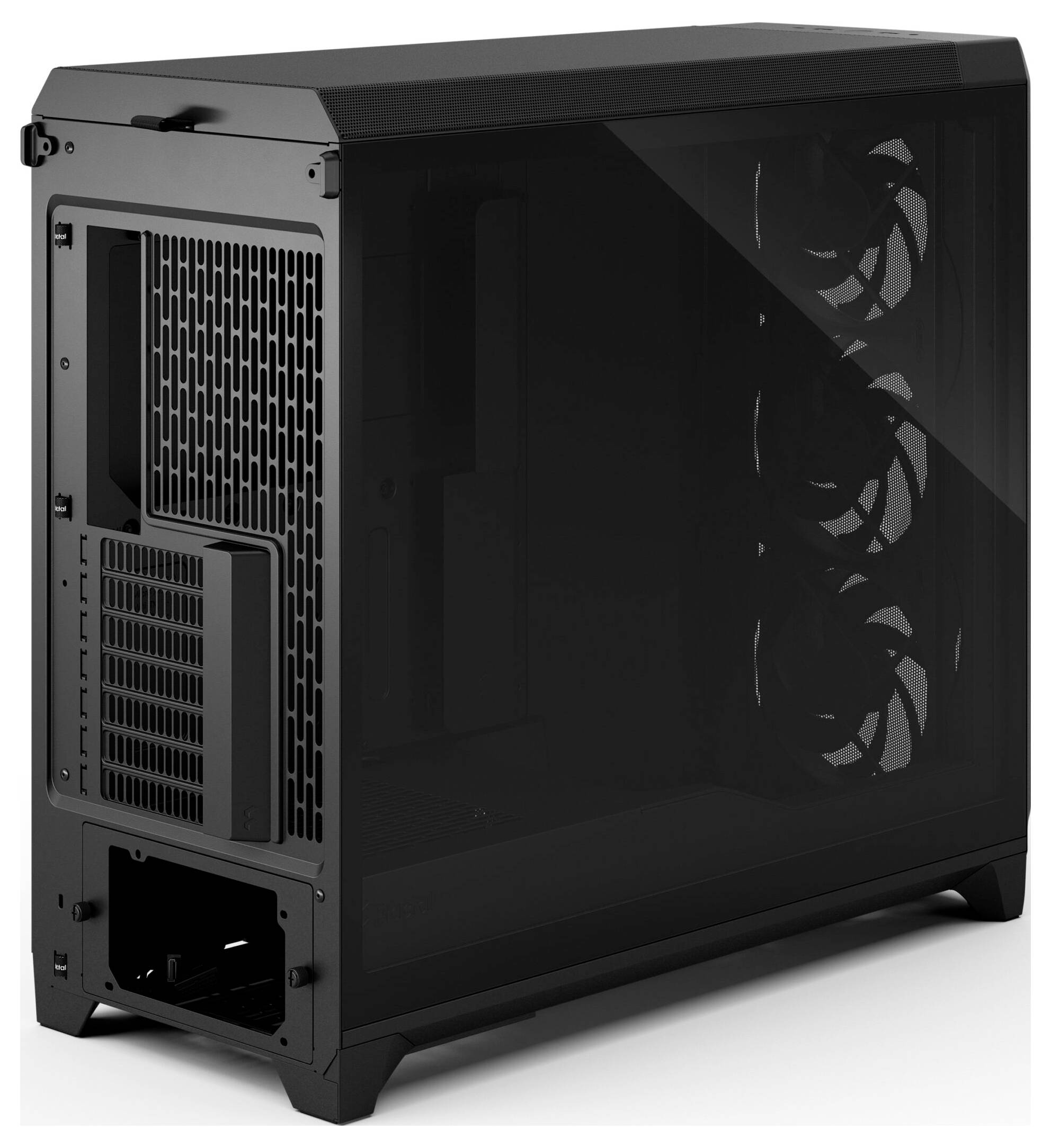 Ein schwarzes Computer-Tower-Gehäuse mit drei vorderen Lüftern, einem Mesh-Seitenpanel und Anschlussöffnungen auf der Rückseite; entwickelt für Kühlung und Komponenteneinbau.