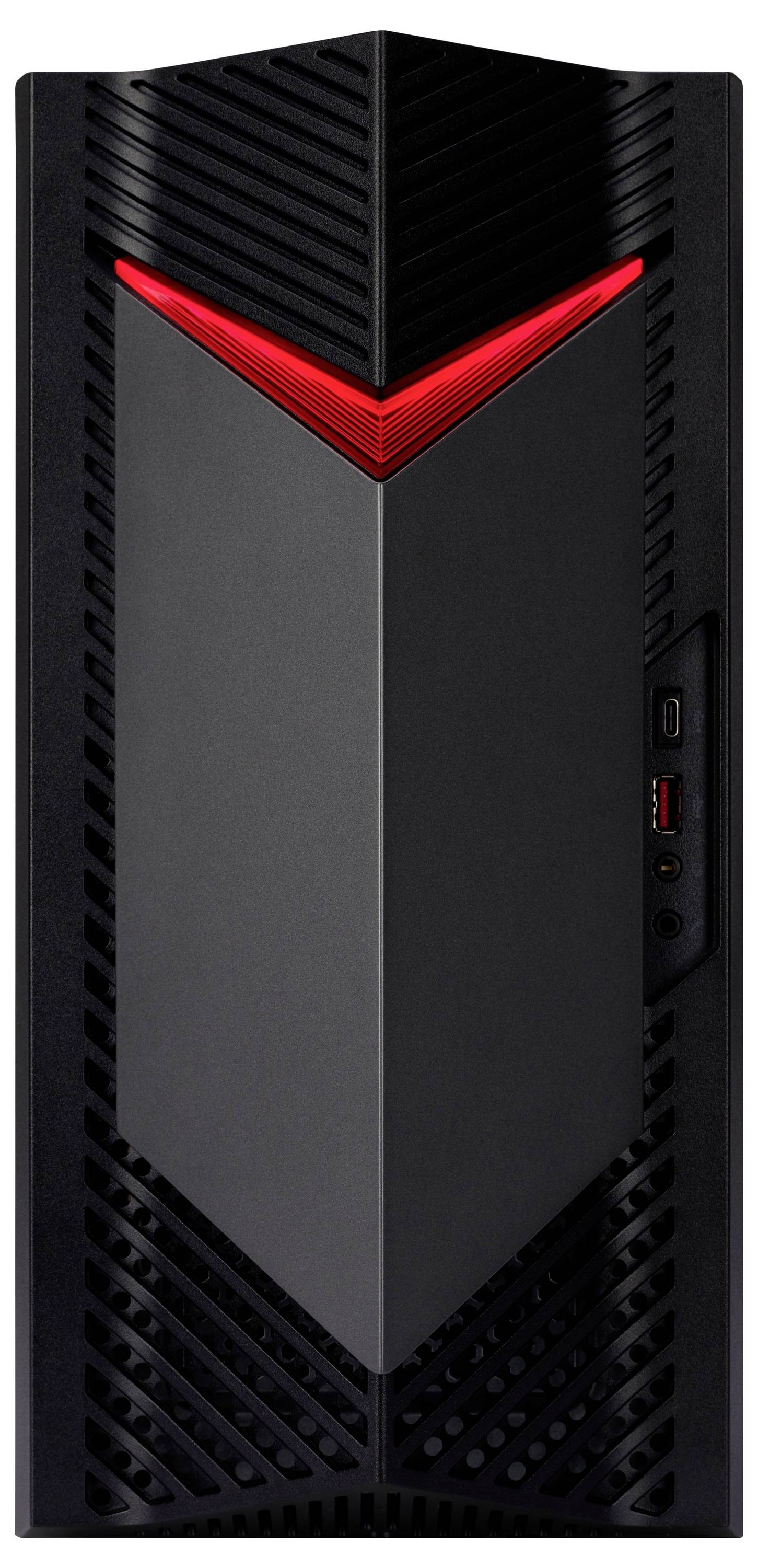 Ein schlanker schwarzer Desktop-Computerturm mit einem roten LED-Licht in V-Form an der Oberseite, der über USB-Anschlüsse auf der rechten Seite verfügt.