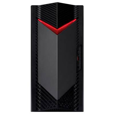 Ein schlanker schwarzer Desktop-Computerturm mit einem roten LED-Licht in V-Form an der Oberseite, der über USB-Anschlüsse auf der rechten Seite verfügt.