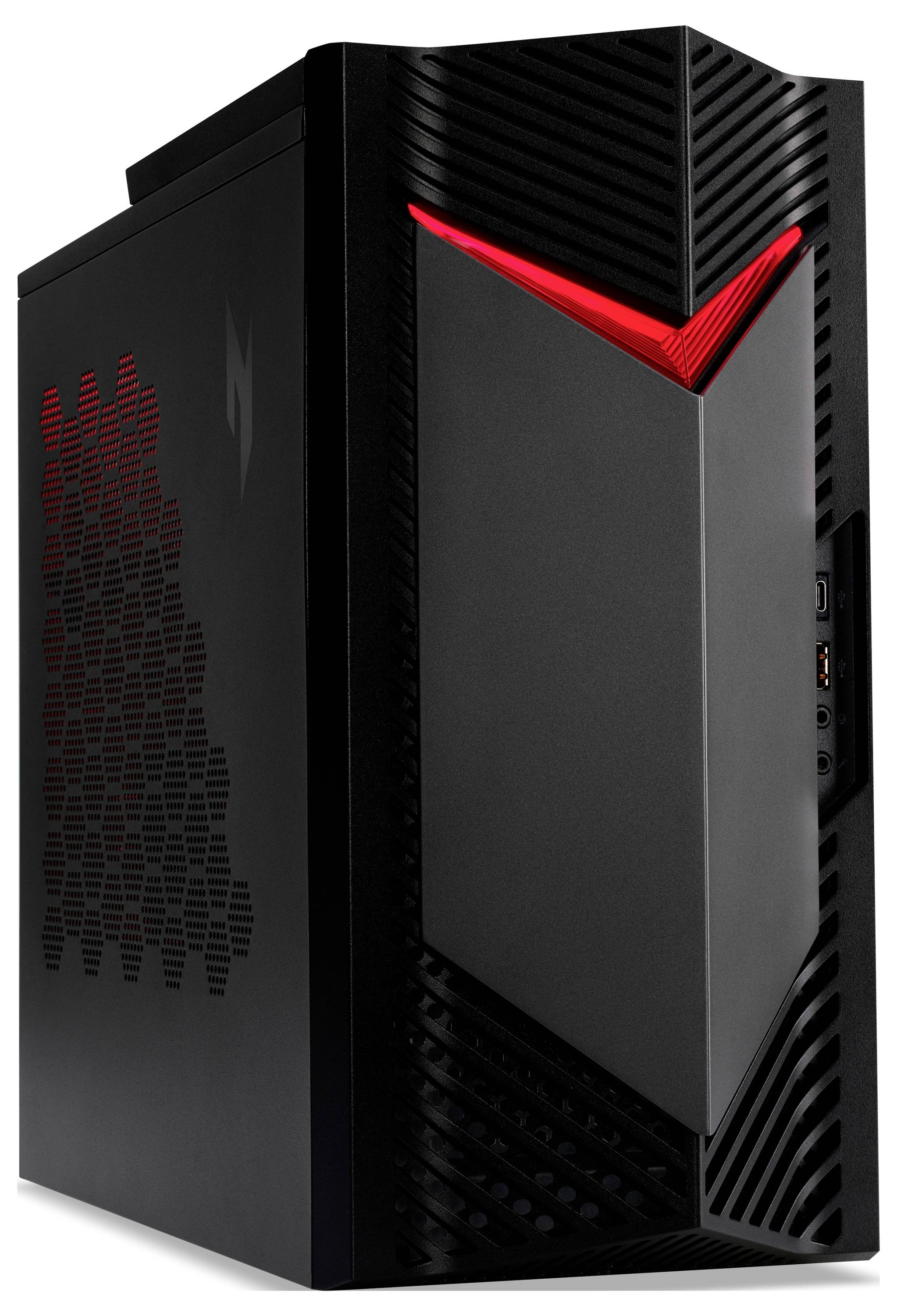 Ein schwarzer, eckiger Computertower mit roten LED-Beleuchtungsakzenten, ausgestattet mit einem sechseckigen Gitter-Seitenpanel, der einen Gaming-PC repräsentiert.