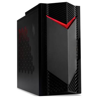Ein schwarzer, eckiger Computertower mit roten LED-Beleuchtungsakzenten, ausgestattet mit einem sechseckigen Gitter-Seitenpanel, der einen Gaming-PC repräsentiert.