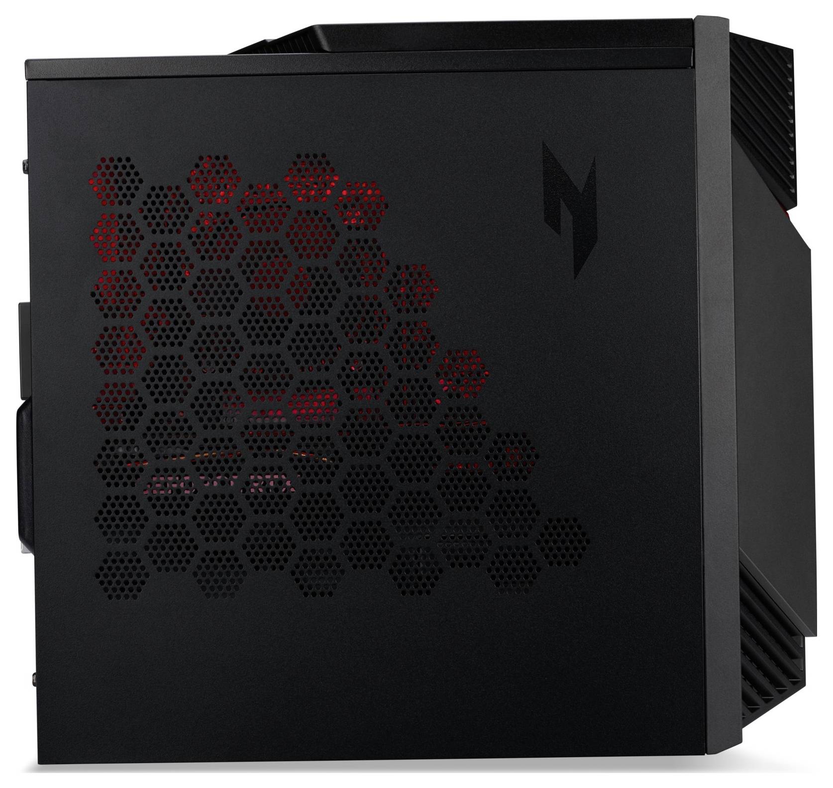 Ein sechseckig gemustertes Seitenpanel eines schwarzen Computergehäuses mit roter Innenbeleuchtung; Logo sichtbar oben rechts.