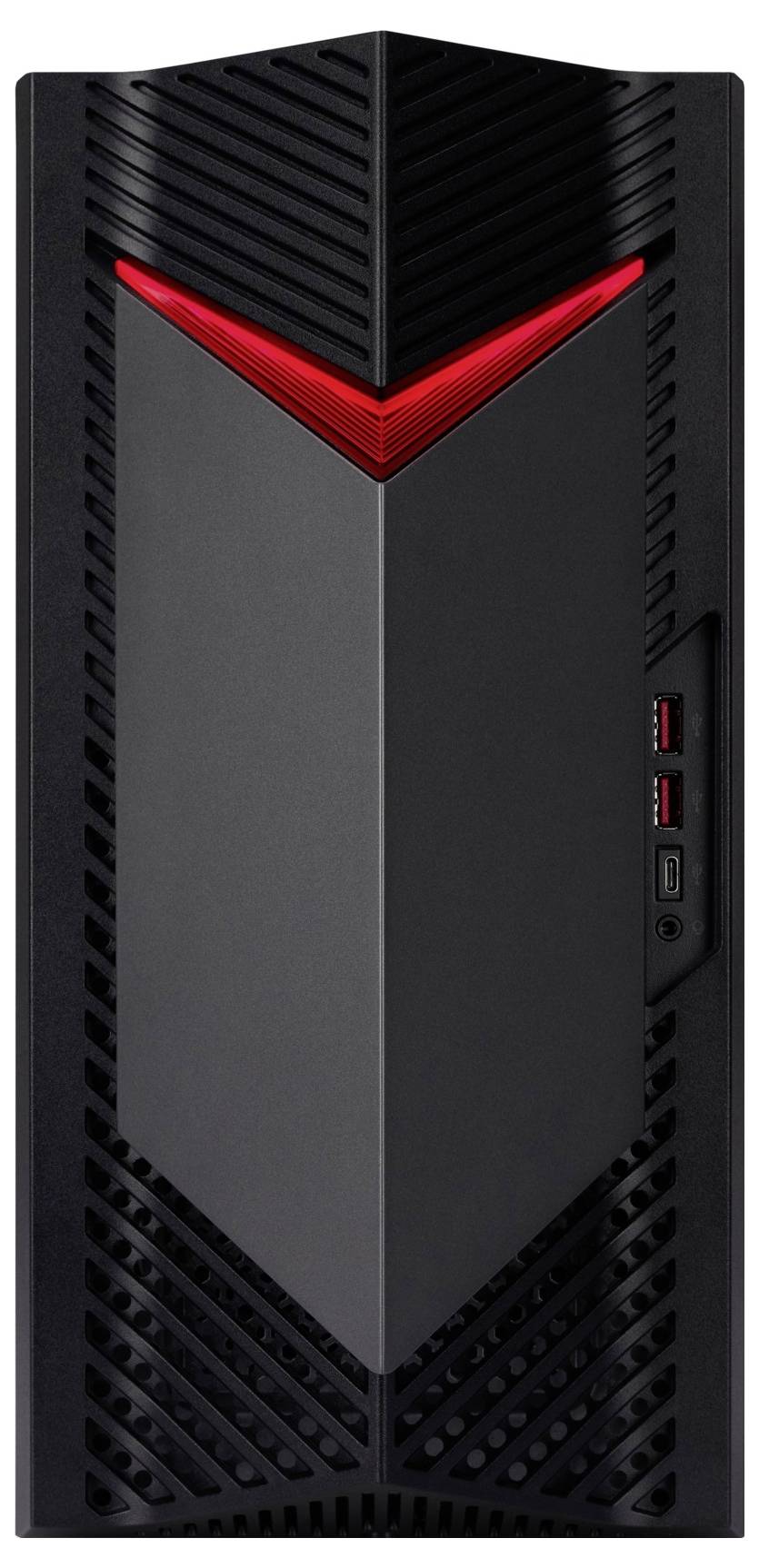 Ein schwarzer Computer-Tower mit einem schlanken, kantigen Design verfügt über ein rotes LED-Licht in Form eines V. Zwei USB-Anschlüsse sind an der Seite sichtbar.
