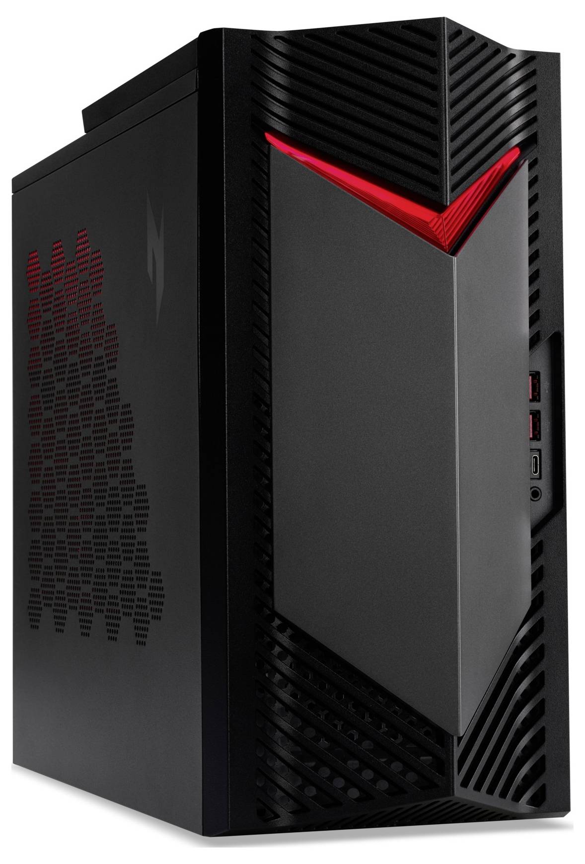 Ein schlanker schwarzer Gaming-Computer-Tower mit roter LED-Beleuchtung und seitiger Sechseck-Lüftungsdesign; ausgestattet mit USB-Anschlüssen und Einschaltknopf an der Vorderseite.