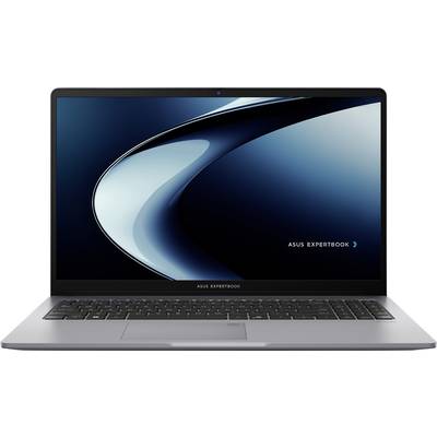 Ein silberner Asus ExpertBook Laptop mit einer schwarzen Tastatur und einem Bildschirm, der ein dunkelblaues abstraktes Design zeigt.