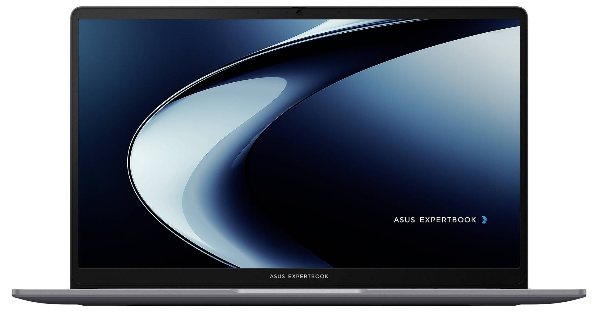 Ein schlankes ASUS-Laptop mit einem Bildschirm mit schmalen Displayrändern, auf dem der Text "ASUS ExpertBook" zu sehen ist, vor einem blau-schwarzen abstrakten Hintergrund.