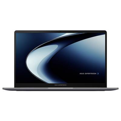 Ein schlankes ASUS-Laptop mit einem Bildschirm mit schmalen Displayrändern, auf dem der Text "ASUS ExpertBook" zu sehen ist, vor einem blau-schwarzen abstrakten Hintergrund.