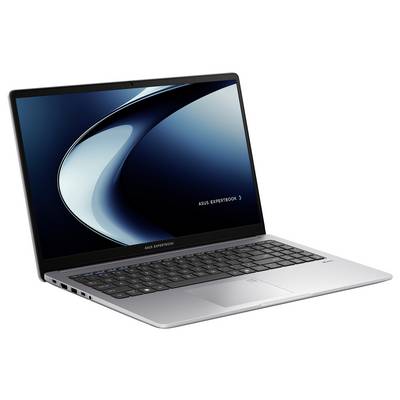 Ein silberner Laptop, der einen stilisierten 'ASUS ExpertBook' Bildschirm zeigt. Der Laptop ist geöffnet und zeigt eine Tastatur und ein Touchpad.