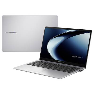 Ein silberner ASUS ExpertBook Laptop ist geöffnet und zeigt ein elegantes blaues Wirbeldesign auf dem Bildschirm. Eine weitere Ansicht zeigt die geschlossene Rückseite.