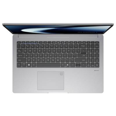 Ein silberner Laptop mit geöffnetem Deckel, von oben betrachtet, mit einer schwarzen Tastatur, einem großen Touchpad und einem teilweise sichtbaren Bildschirm, der einen blauen Hintergrund zeigt.