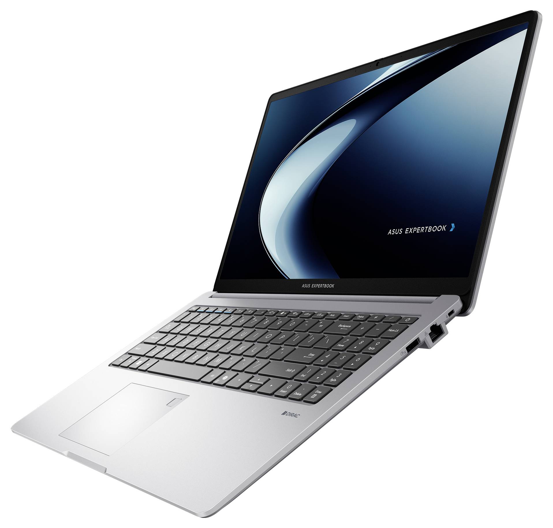 Ein schlankes silbernes Laptop mit einer schwarzen Tastatur und einem Bildschirm, der ein blaues und schwarzes Wirbeldesign zeigt, mit der Beschriftung "ASUS ExpertBook".
