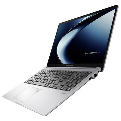 Ein schlankes silbernes Laptop mit einer schwarzen Tastatur und einem Bildschirm, der ein blaues und schwarzes Wirbeldesign zeigt, mit der Beschriftung "ASUS ExpertBook".
