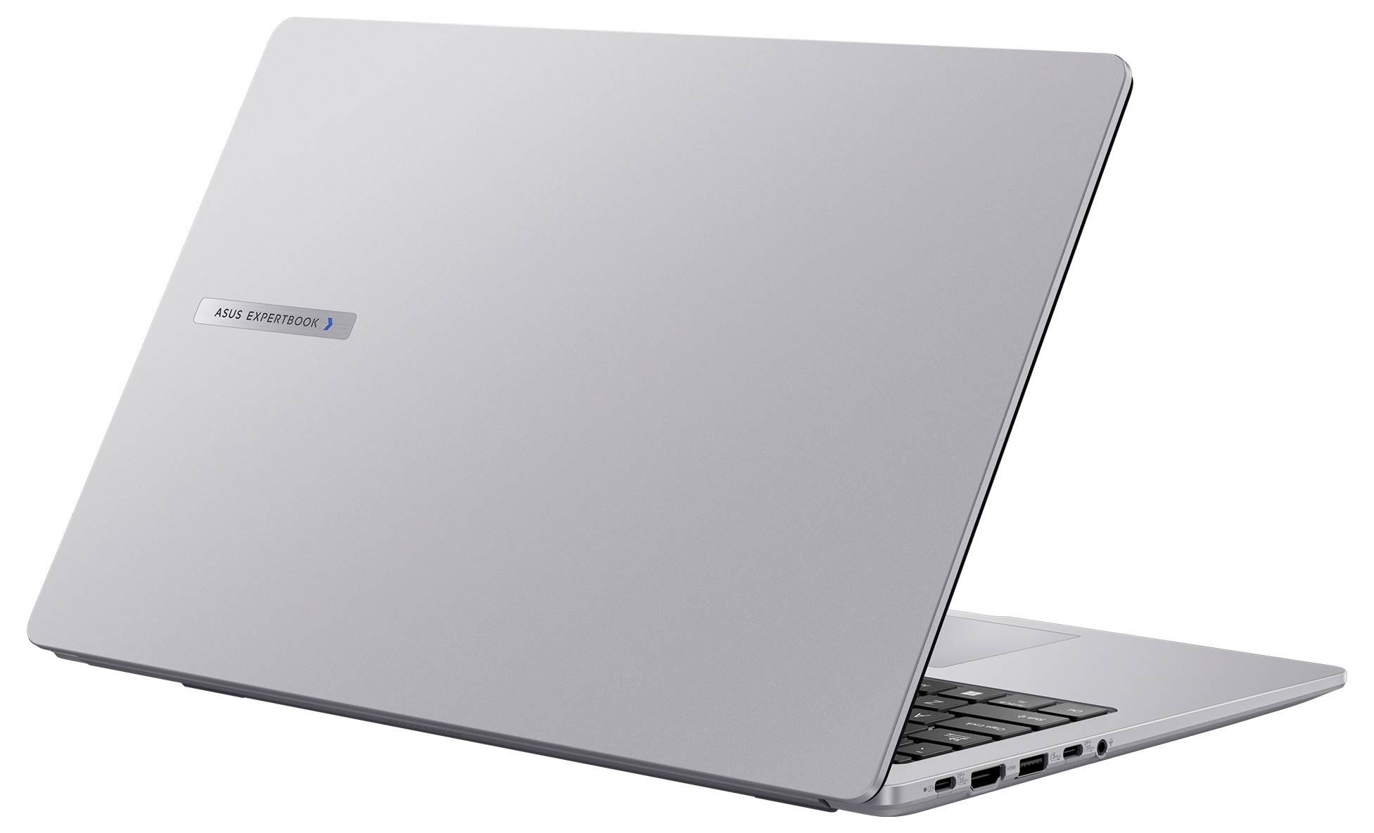Ein geschlossener silberner Laptop, von hinten in einem schrägen Winkel betrachtet, mit einem kleinen Logo und Lüftungsschlitzen an der Seite.