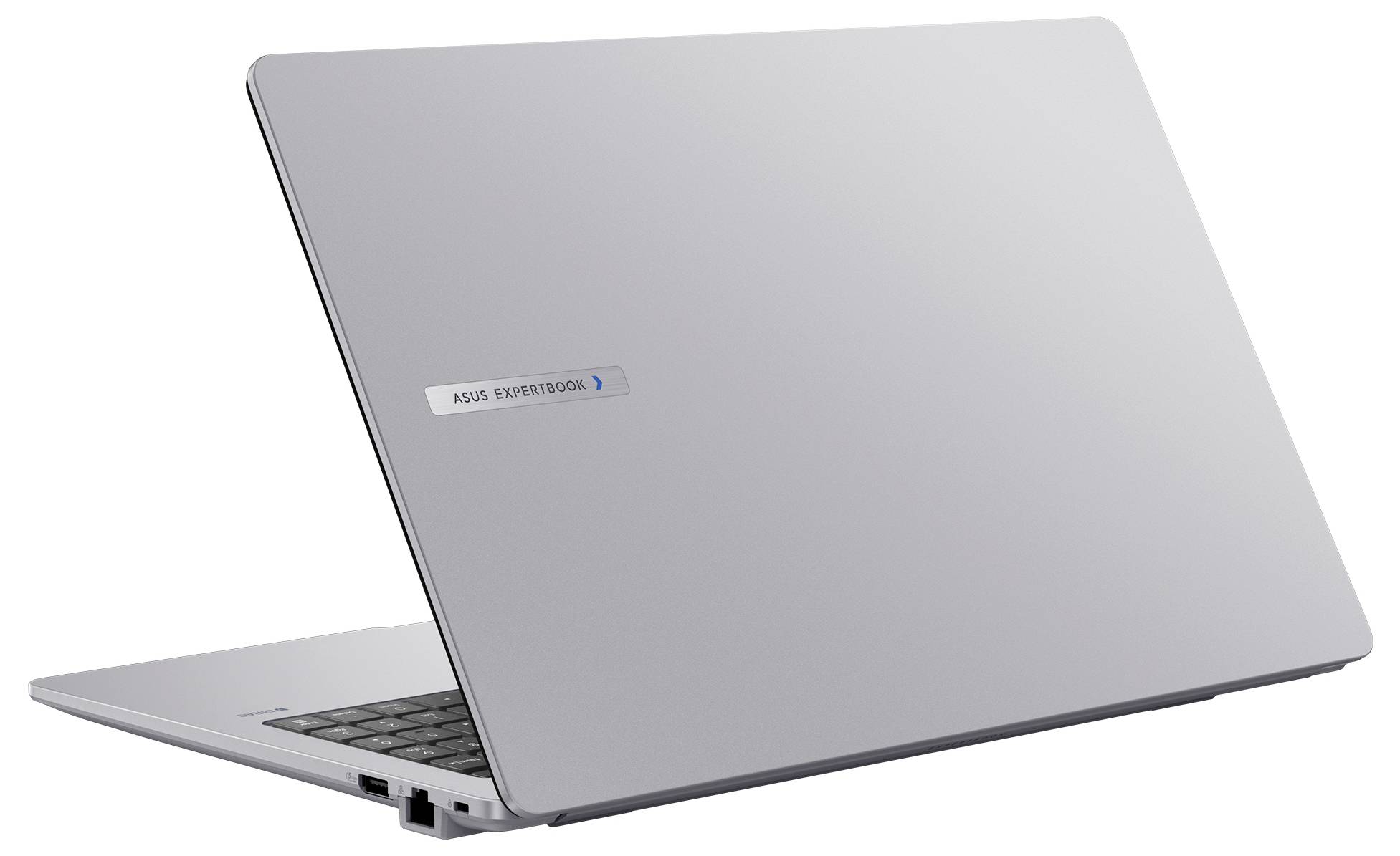Silberner Laptop teilweise geöffnet, der ein schlankes Design zeigt. Das Logo 'ASUS ExpertBook' ist auf der Rückseite des Deckels sichtbar. Das Gerät vermittelt Mobilität und moderne Ästhetik.