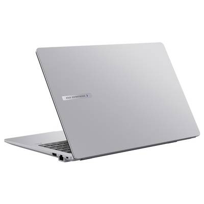 Silberner Laptop teilweise geöffnet, der ein schlankes Design zeigt. Das Logo 'ASUS ExpertBook' ist auf der Rückseite des Deckels sichtbar. Das Gerät vermittelt Mobilität und moderne Ästhetik.