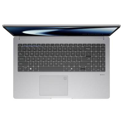 Draufsicht eines offenen silbernen Laptops mit QWERTZ-Tastatur, Touchpad und teilweise sichtbarem Bildschirm. Der Laptop befindet sich auf einem weißen Hintergrund.