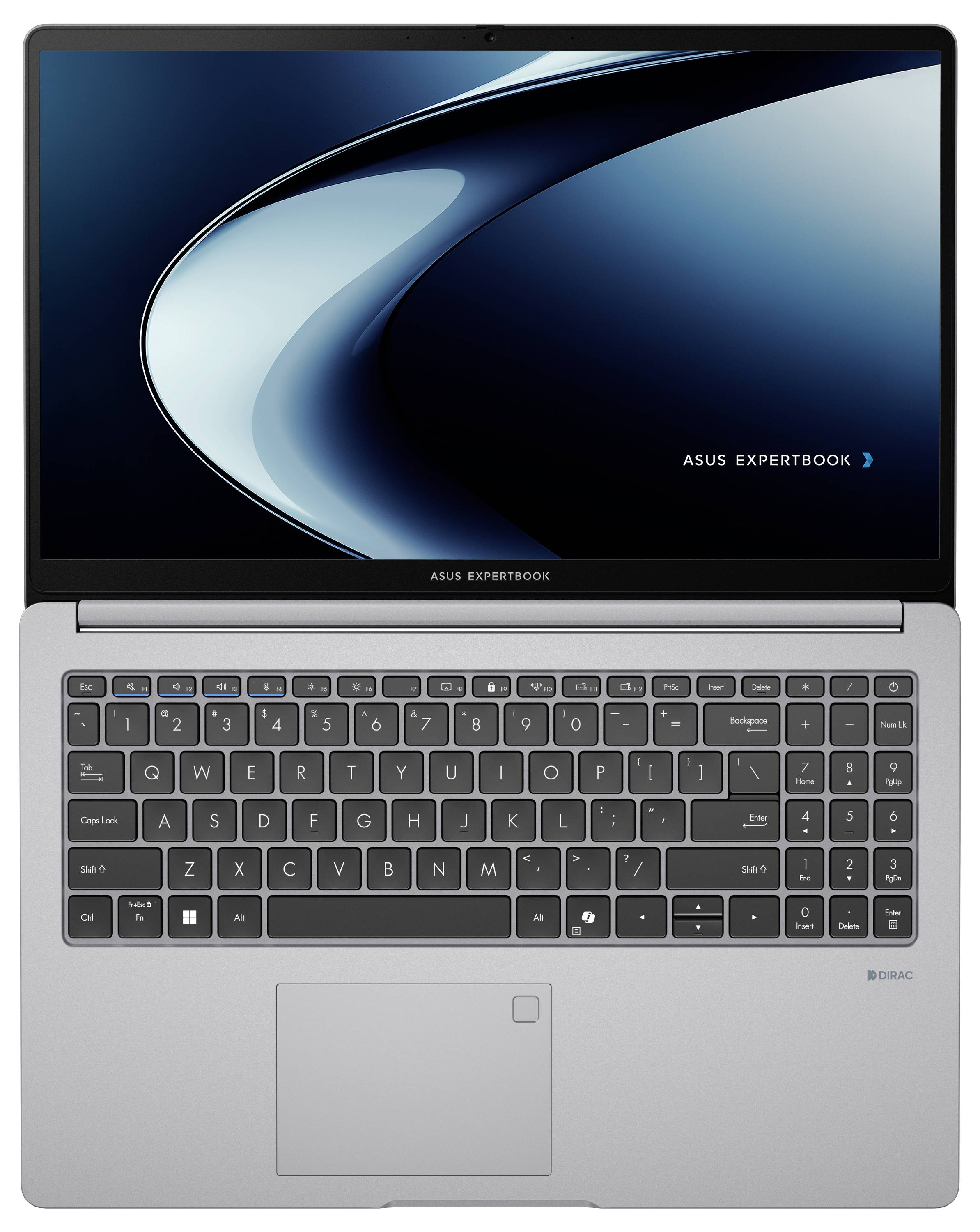 Ein Laptop, geöffnet mit einem Bildschirm, auf dem der Text 'ASUS ExpertBook' angezeigt wird, mit einem eleganten, modernen Design. Die Tastatur ist sichtbar und betont die Funktionalität.