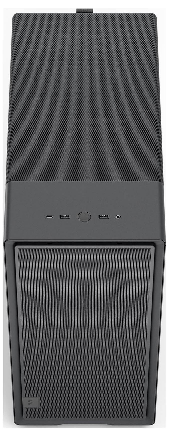 Ein schwarzer rechteckiger Computertower mit einer Frontblende aus Gitter, ausgestattet mit USB-Anschlüssen und einem Einschaltknopf im oberen Bereich.