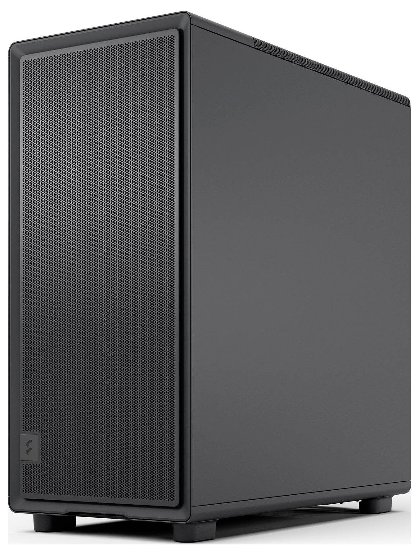 Ein schlanker, moderner Computertower mit minimalistischem Design und einem großen, maschinenartigen Frontpanel für optimale Luftzirkulation.